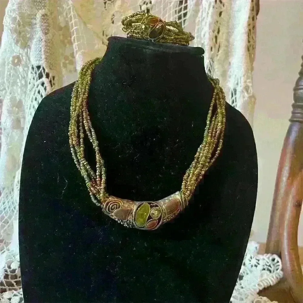 Vintage Multi-Strand Green Seed Bead Necklace w/ Enameled Rhinestone Enhancer